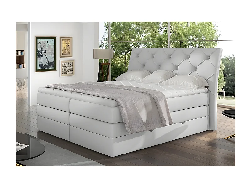 Ensemble boxspring complet tête de lit + sommiers + matelas + surmatelas MIRO en simili blanc - 160x200 cm