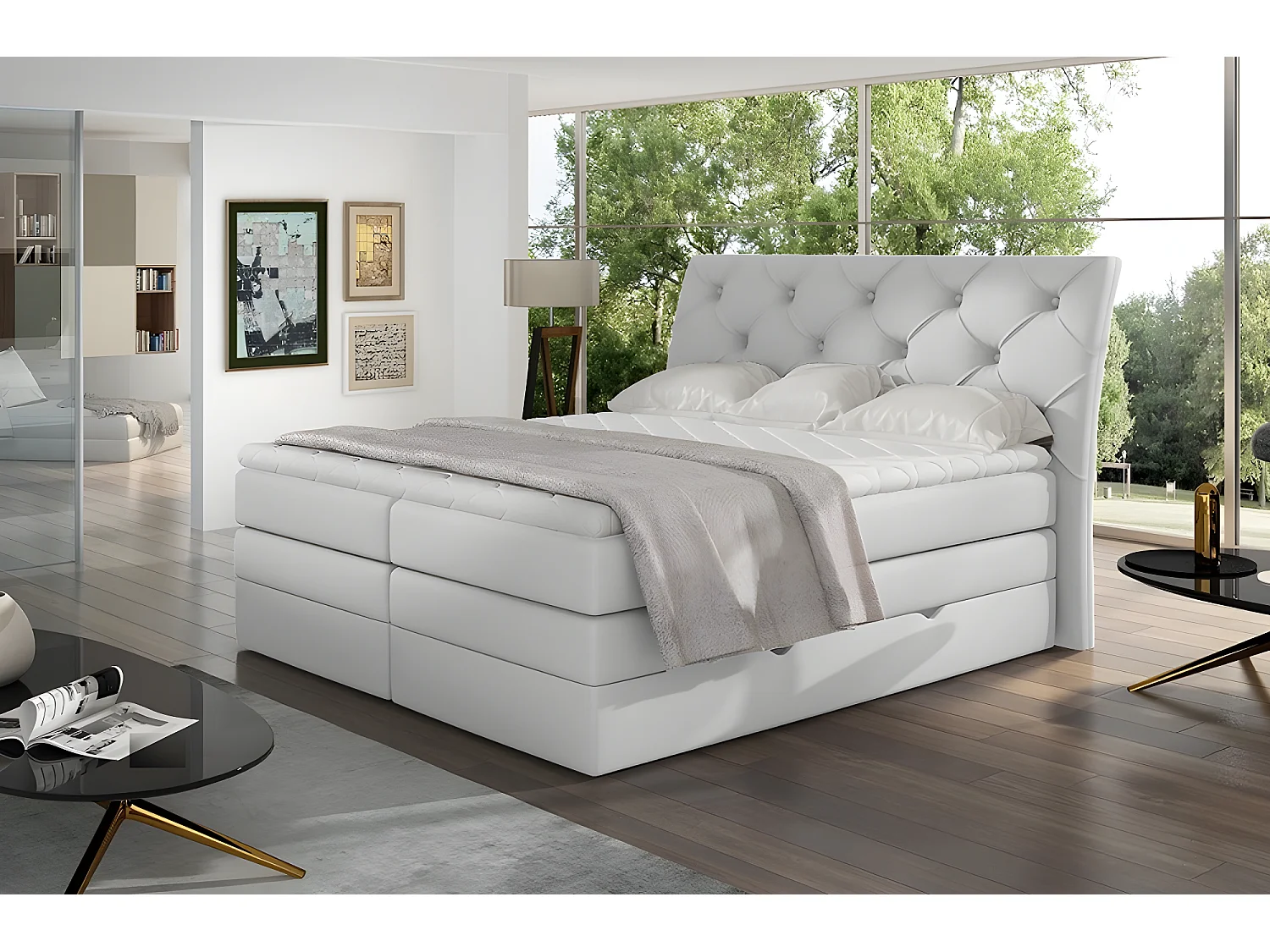 Ensemble boxspring complet tête de lit + sommiers + matelas + surmatelas MIRO en simili blanc - 160x200 cm