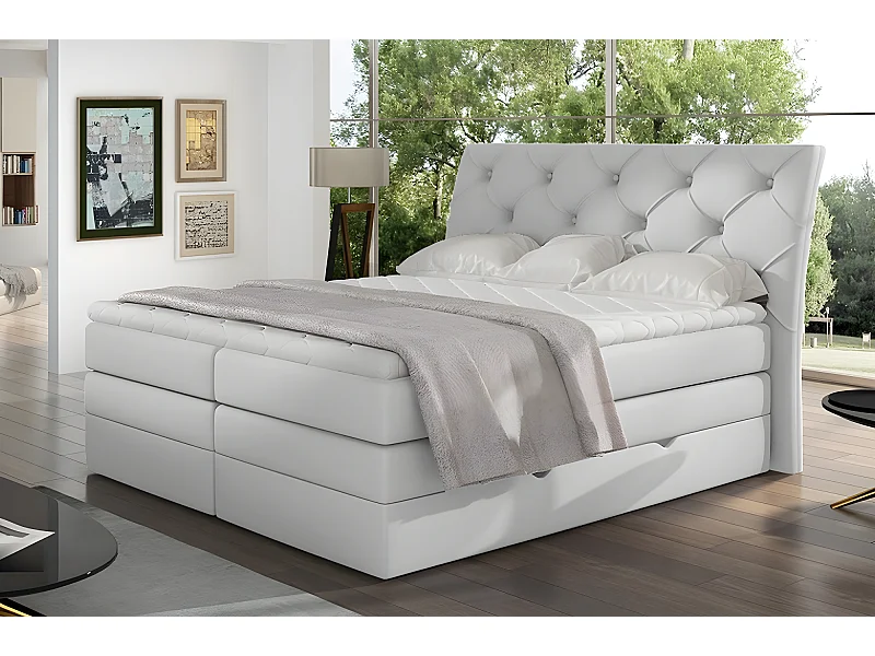 Ensemble boxspring complet tête de lit + sommiers + matelas + surmatelas MIRO en simili blanc - 160x200 cm