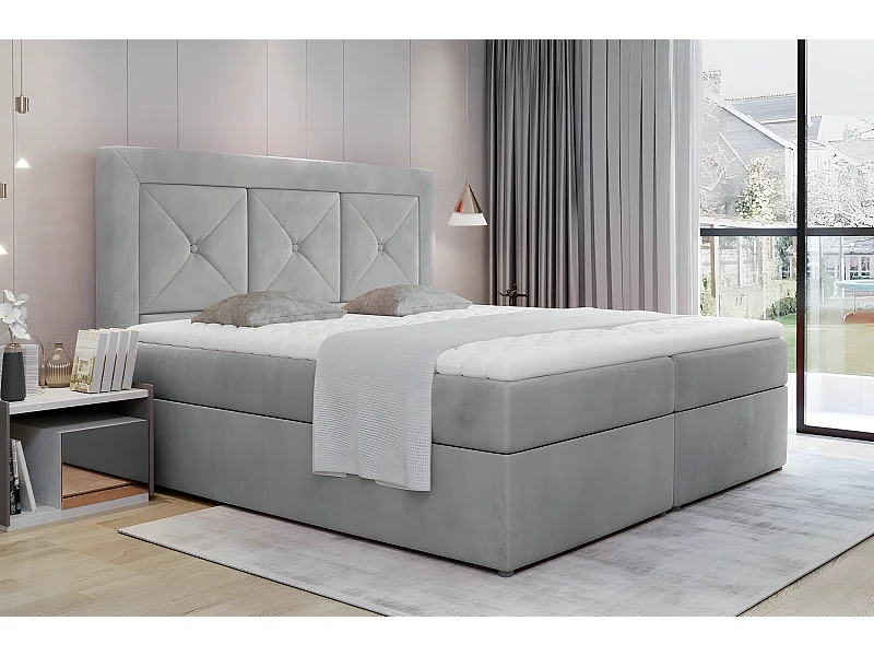 Ensemble boxspring complet tête de lit + sommiers + matelas + surmatelas IDYLLE - velours luxe gris - 140x200 cm