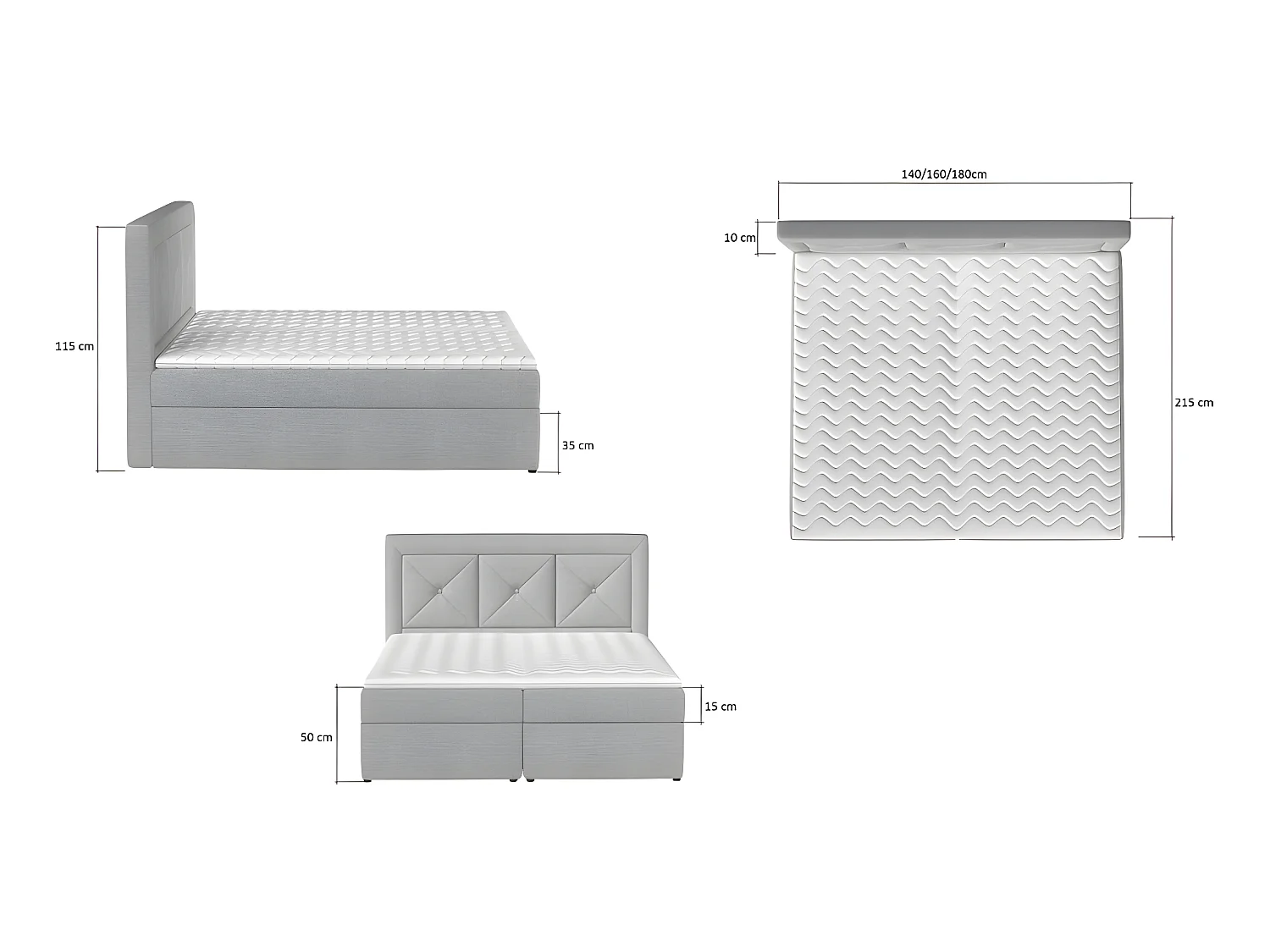 Ensemble boxspring complet tête de lit + sommiers + matelas + surmatelas IDYLLE - velours luxe gris - 140x200 cm
