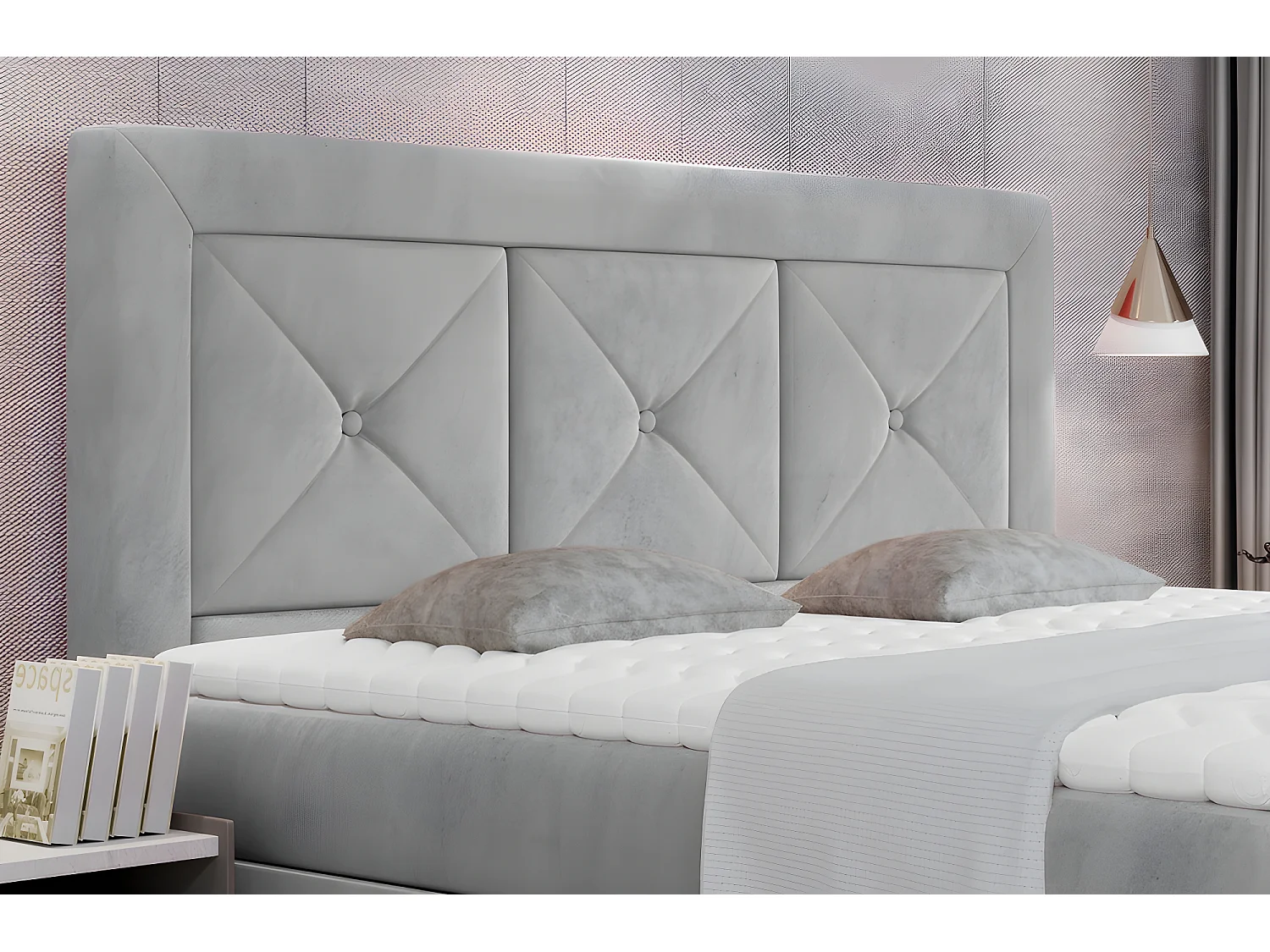 Ensemble boxspring complet tête de lit + sommiers + matelas + surmatelas IDYLLE - velours luxe gris - 140x200 cm