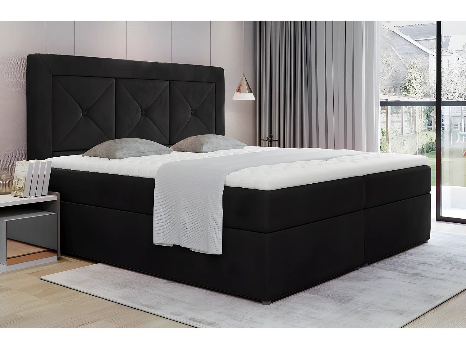 Ensemble boxspring complet tête de lit + sommiers + matelas + surmatelas IDYLLE - velours luxe noir - 140x200 cm