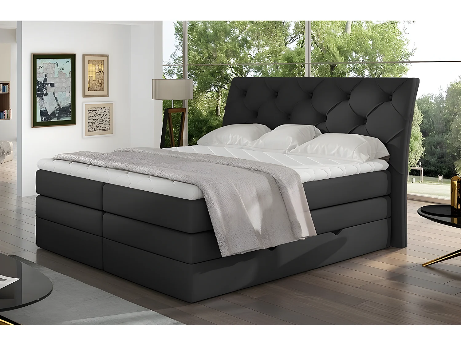 Ensemble boxspring complet tête de lit + sommiers + matelas + surmatelas MIRO en simili noir - 180x200 cm