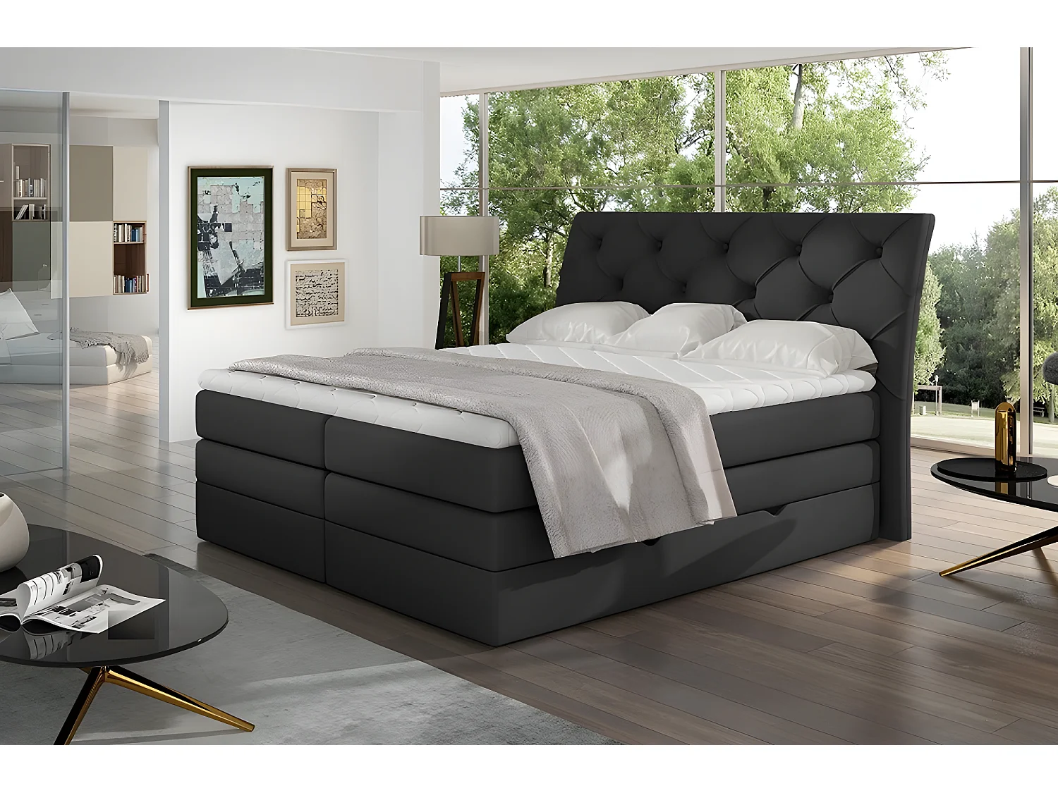 Ensemble boxspring complet tête de lit + sommiers + matelas + surmatelas MIRO en simili noir - 180x200 cm