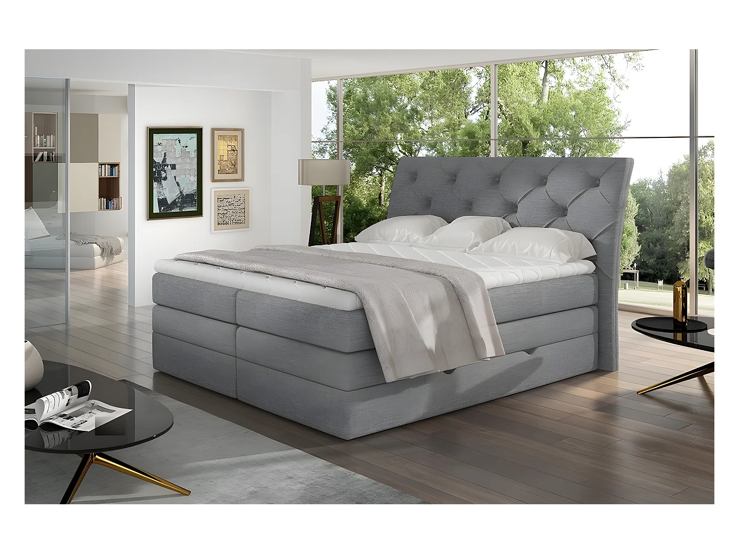 Ensemble boxspring complet tête de lit + sommiers + matelas + surmatelas MIRO tissu luxe gris - 140x200 cm