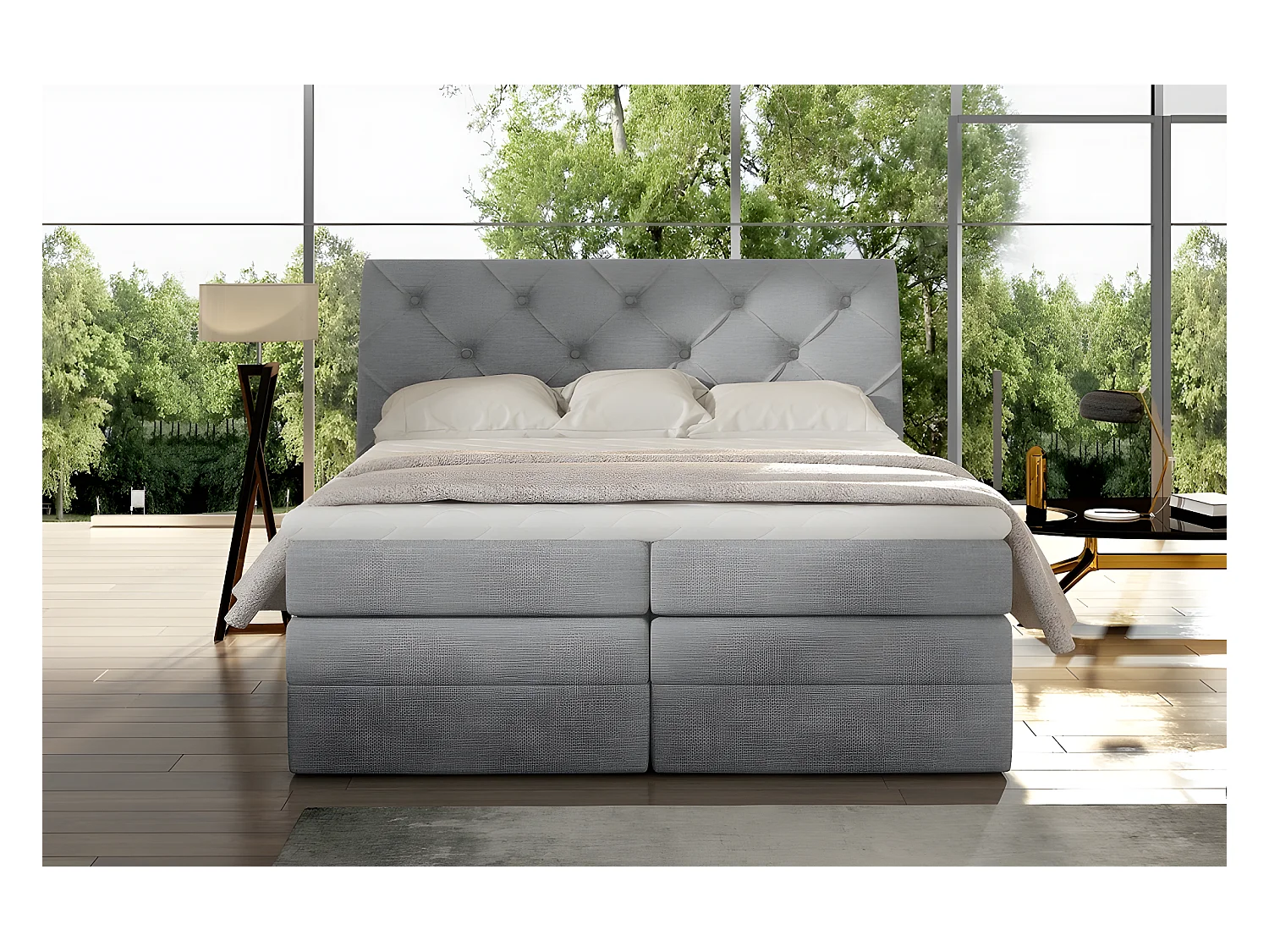 Ensemble boxspring complet tête de lit + sommiers + matelas + surmatelas MIRO tissu luxe gris - 140x200 cm