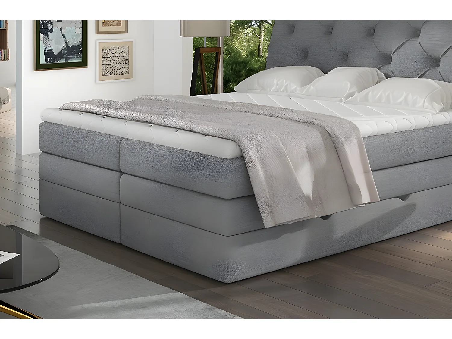 Ensemble boxspring complet tête de lit + sommiers + matelas + surmatelas MIRO tissu luxe gris - 140x200 cm