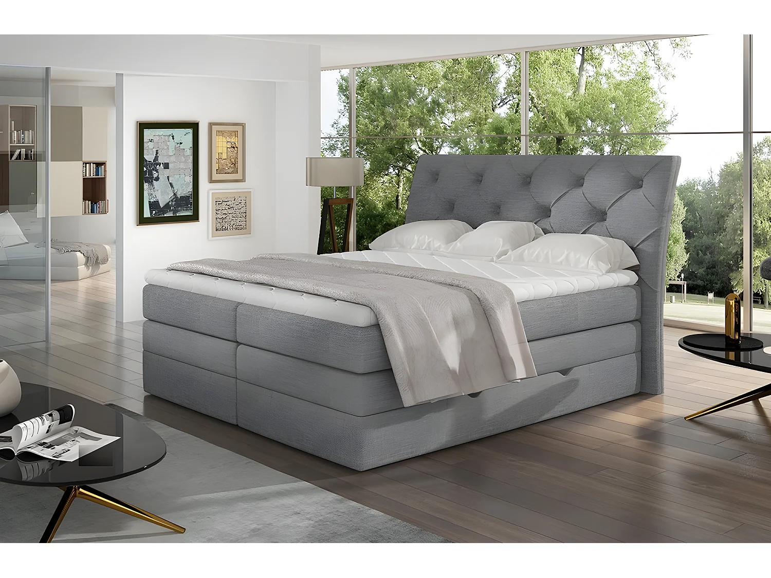 Ensemble boxspring complet tête de lit + sommiers + matelas + surmatelas MIRO tissu luxe gris - 140x200 cm