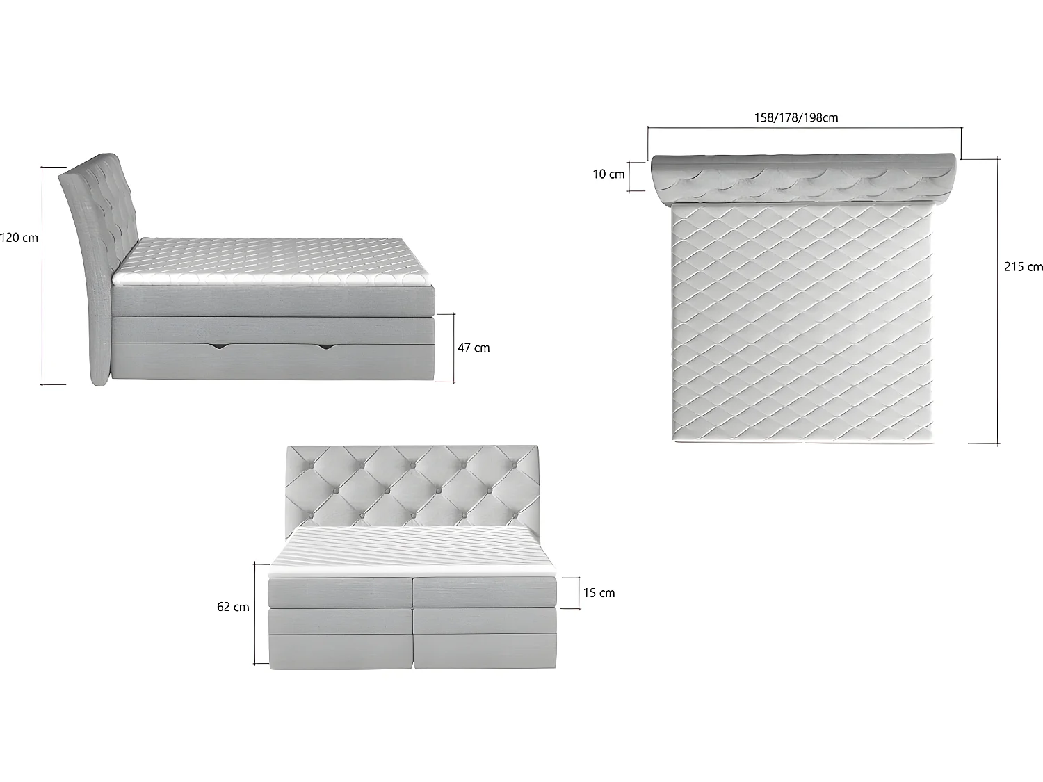 Ensemble boxspring complet tête de lit + sommiers + matelas + surmatelas MIRO tissu luxe gris - 140x200 cm
