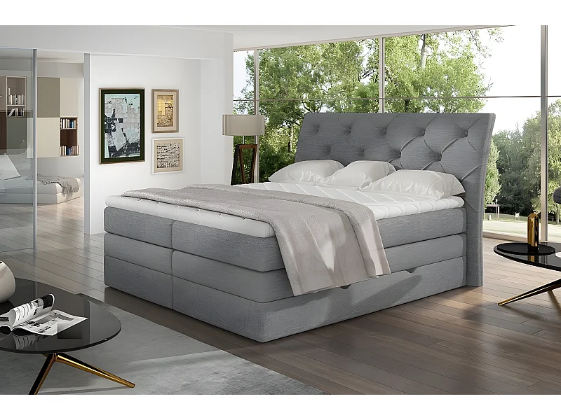 Ensemble boxspring complet tête de lit + sommiers + matelas + surmatelas MIRO tissu luxe gris - 140x200 cm