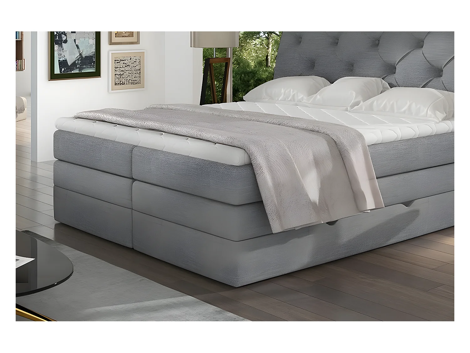 Ensemble boxspring complet tête de lit + sommiers + matelas + surmatelas MIRO tissu luxe gris - 180x200 cm