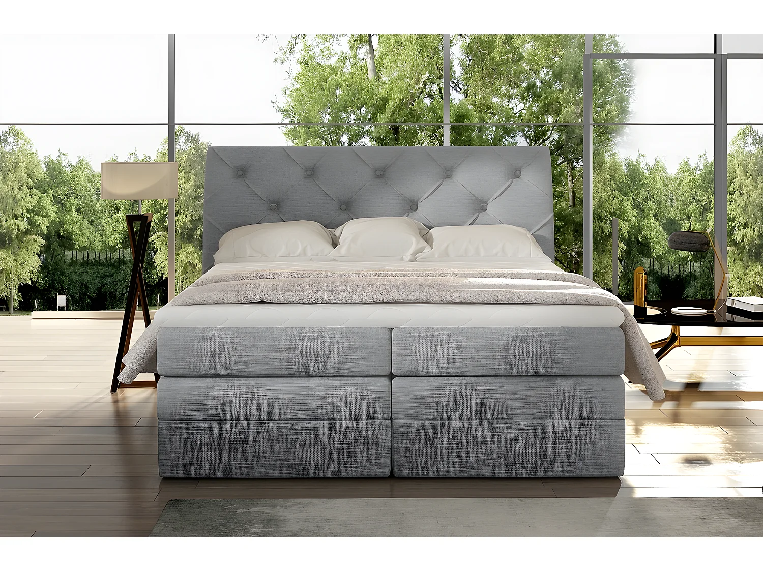 Ensemble boxspring complet tête de lit + sommiers + matelas + surmatelas MIRO tissu luxe gris - 180x200 cm