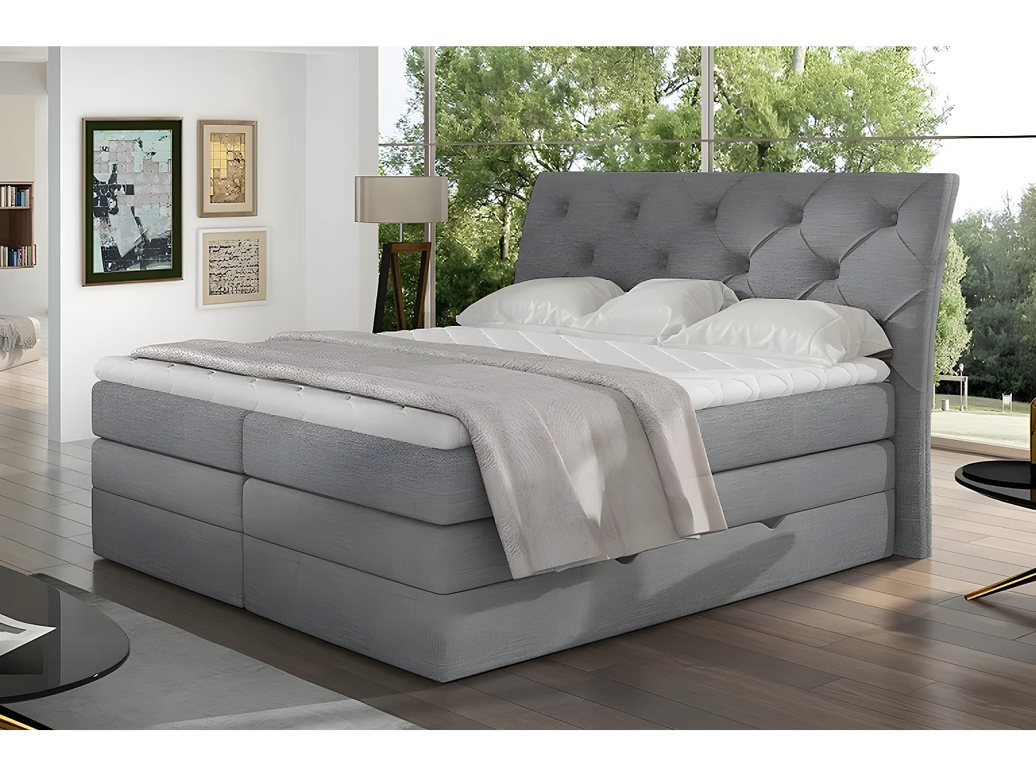 Ensemble boxspring complet tête de lit + sommiers + matelas + surmatelas MIRO tissu luxe gris - 180x200 cm