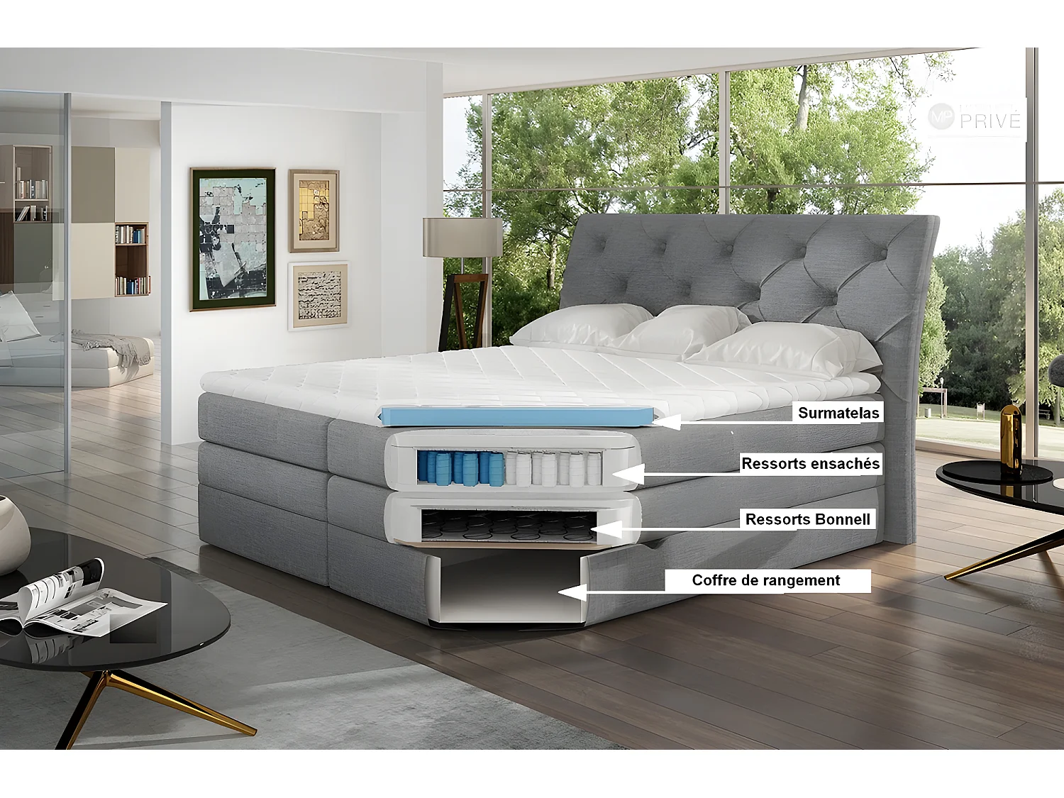 Ensemble boxspring complet tête de lit + sommiers + matelas + surmatelas MIRO tissu luxe gris - 180x200 cm