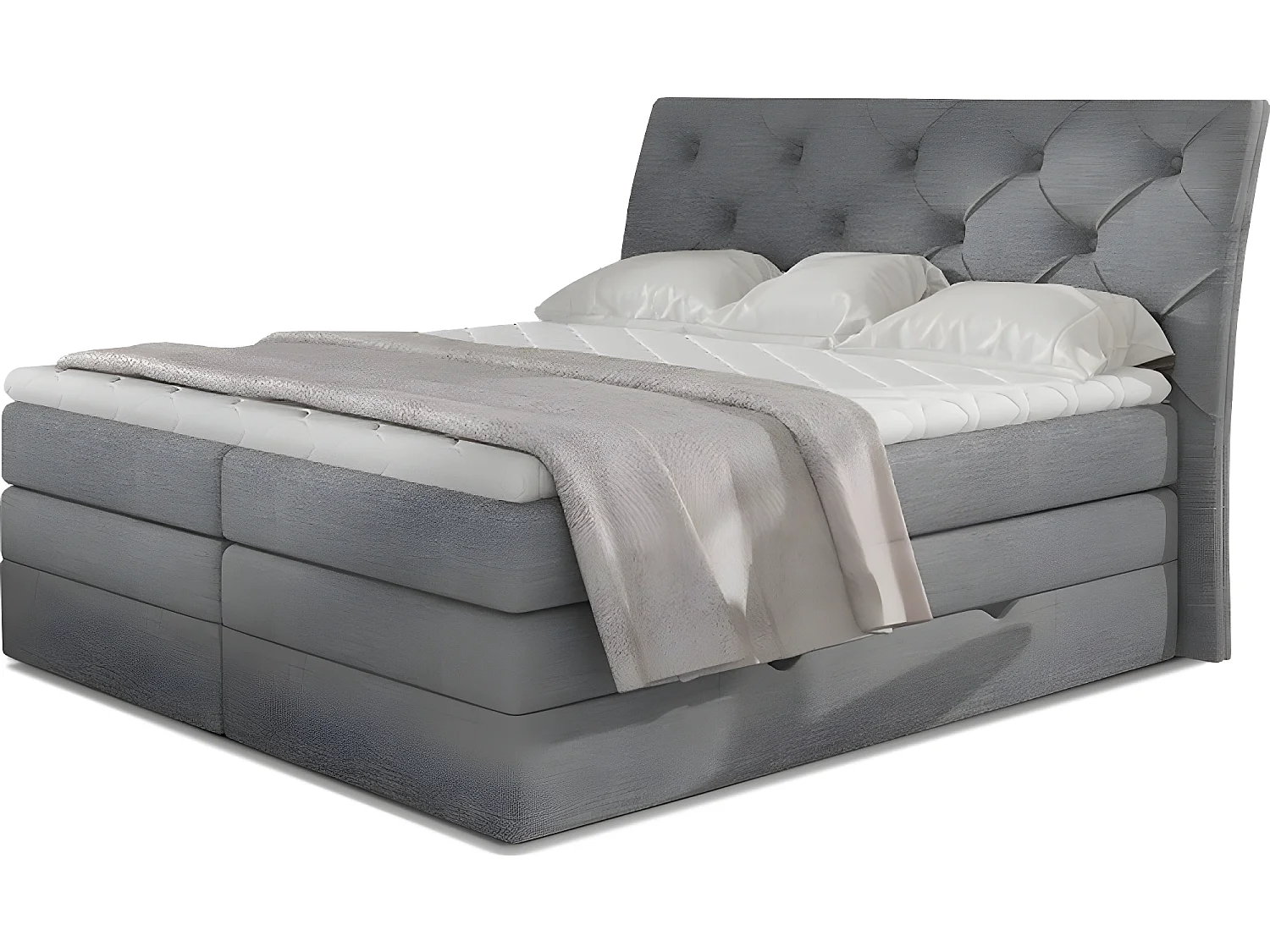 Ensemble boxspring complet tête de lit + sommiers + matelas + surmatelas MIRO tissu luxe gris - 180x200 cm