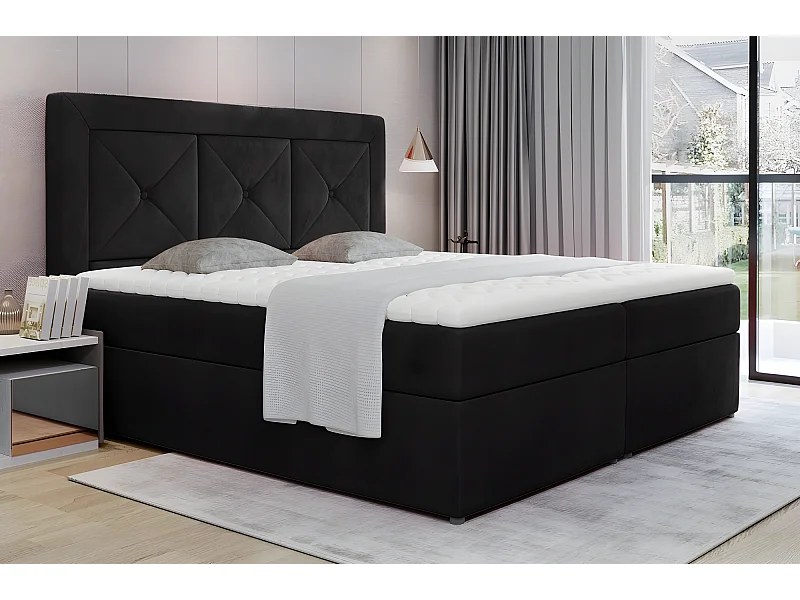 Ensemble boxspring complet tête de lit + sommiers + matelas + surmatelas IDYLLE - velours luxe noir - 180x200 cm