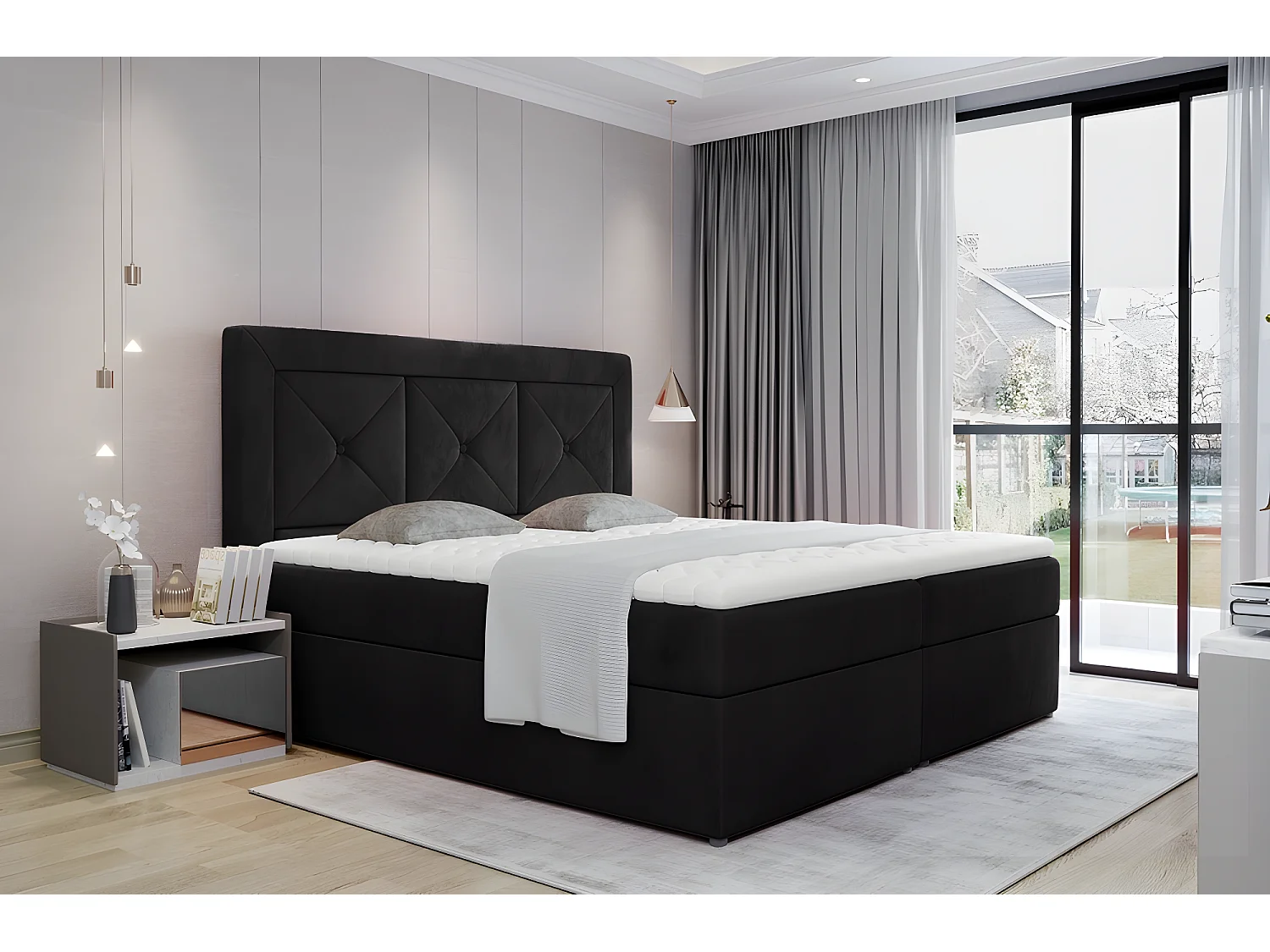 Ensemble boxspring complet tête de lit + sommiers + matelas + surmatelas IDYLLE - velours luxe noir - 180x200 cm