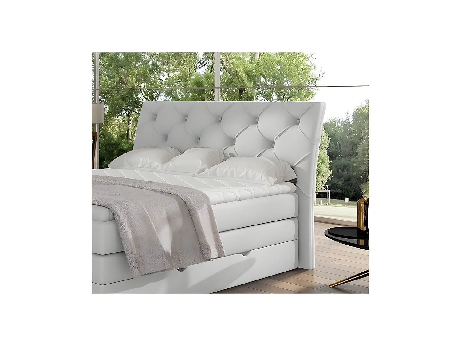 Ensemble boxspring complet tête de lit + sommiers + matelas + surmatelas MIRO en simili blanc - 180x200 cm