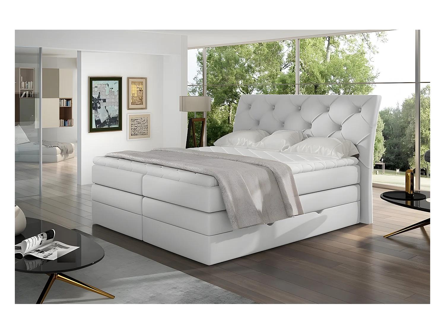 Ensemble boxspring complet tête de lit + sommiers + matelas + surmatelas MIRO en simili blanc - 180x200 cm
