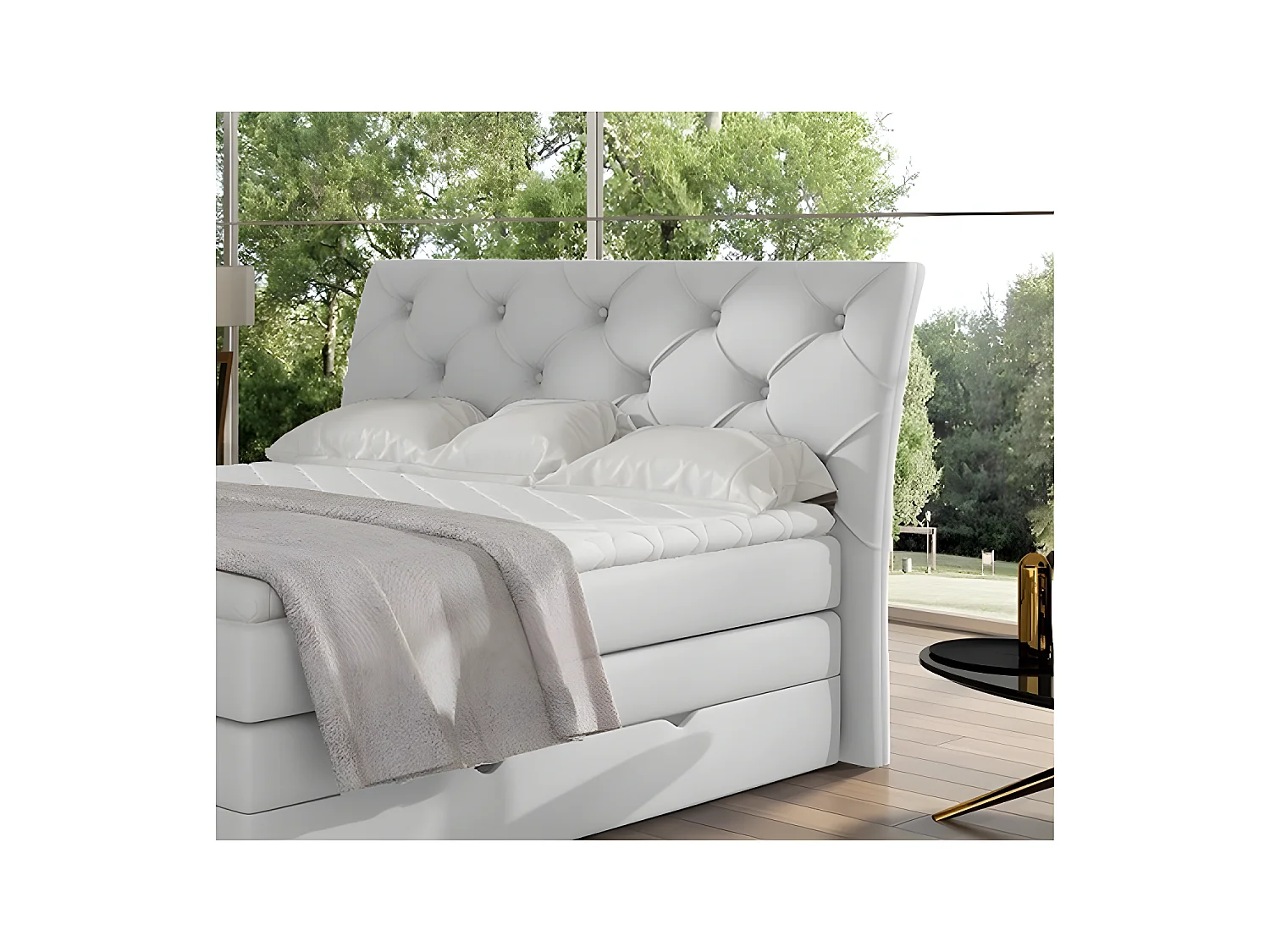 Ensemble boxspring complet tête de lit + sommiers + matelas + surmatelas MIRO en simili blanc - 180x200 cm