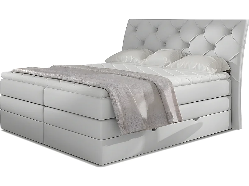 Ensemble boxspring complet tête de lit + sommiers + matelas + surmatelas MIRO en simili blanc - 180x200 cm
