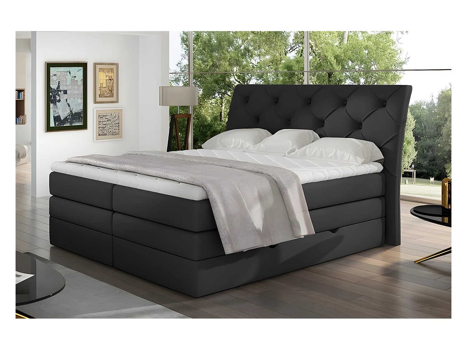 Ensemble boxspring complet tête de lit + sommiers + matelas + surmatelas MIRO en simili noir - 160x200 cm