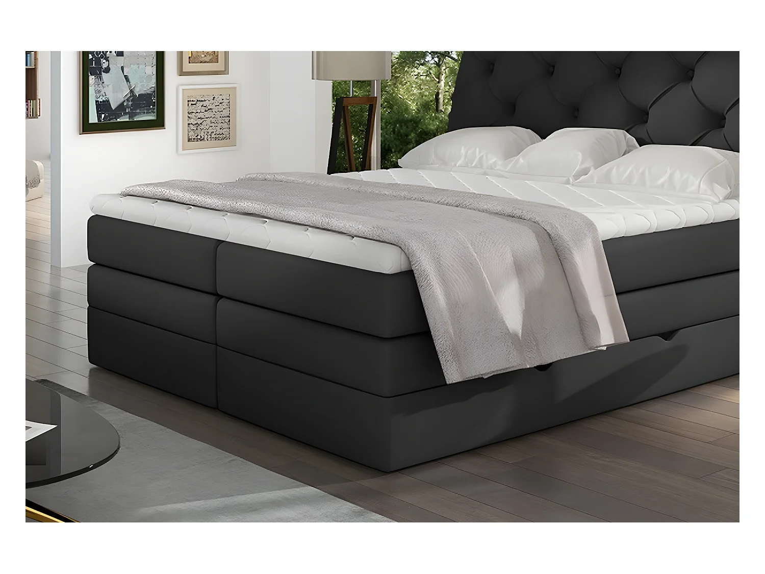 Ensemble boxspring complet tête de lit + sommiers + matelas + surmatelas MIRO en simili noir - 160x200 cm