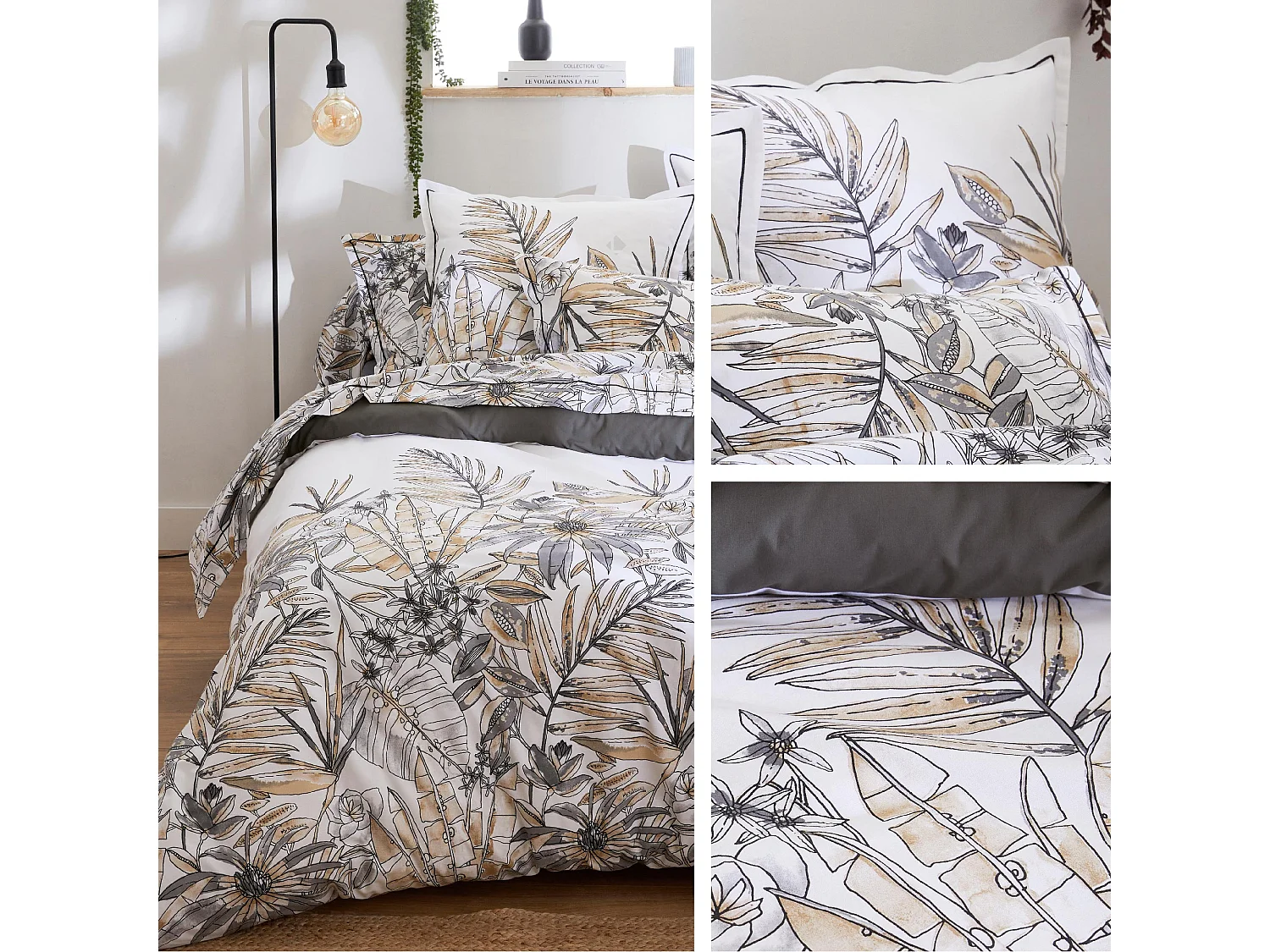 Parure de lit 300x240 cm coton SUMATRA gris Fusain 3 pièces