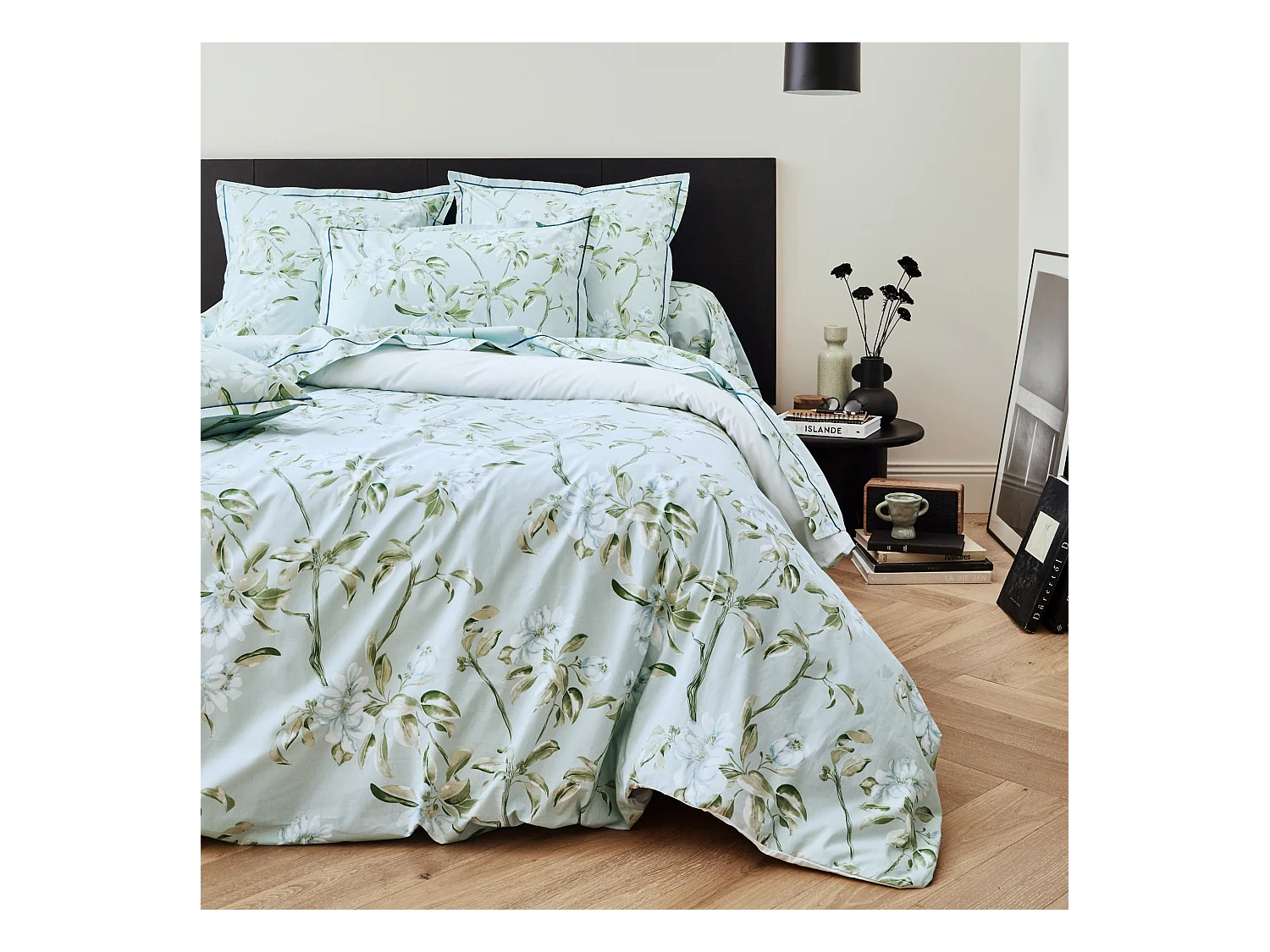Parure de lit 200x200 cm percale coton ELÉNA vert Nil 3 pièces