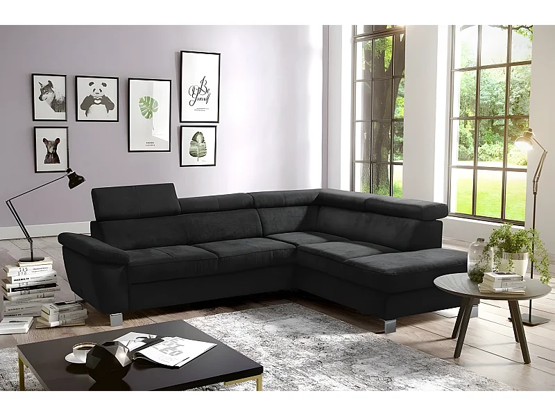 Canapé d'angle en tissu velours luxe 5 places LUGO noir, angle droit