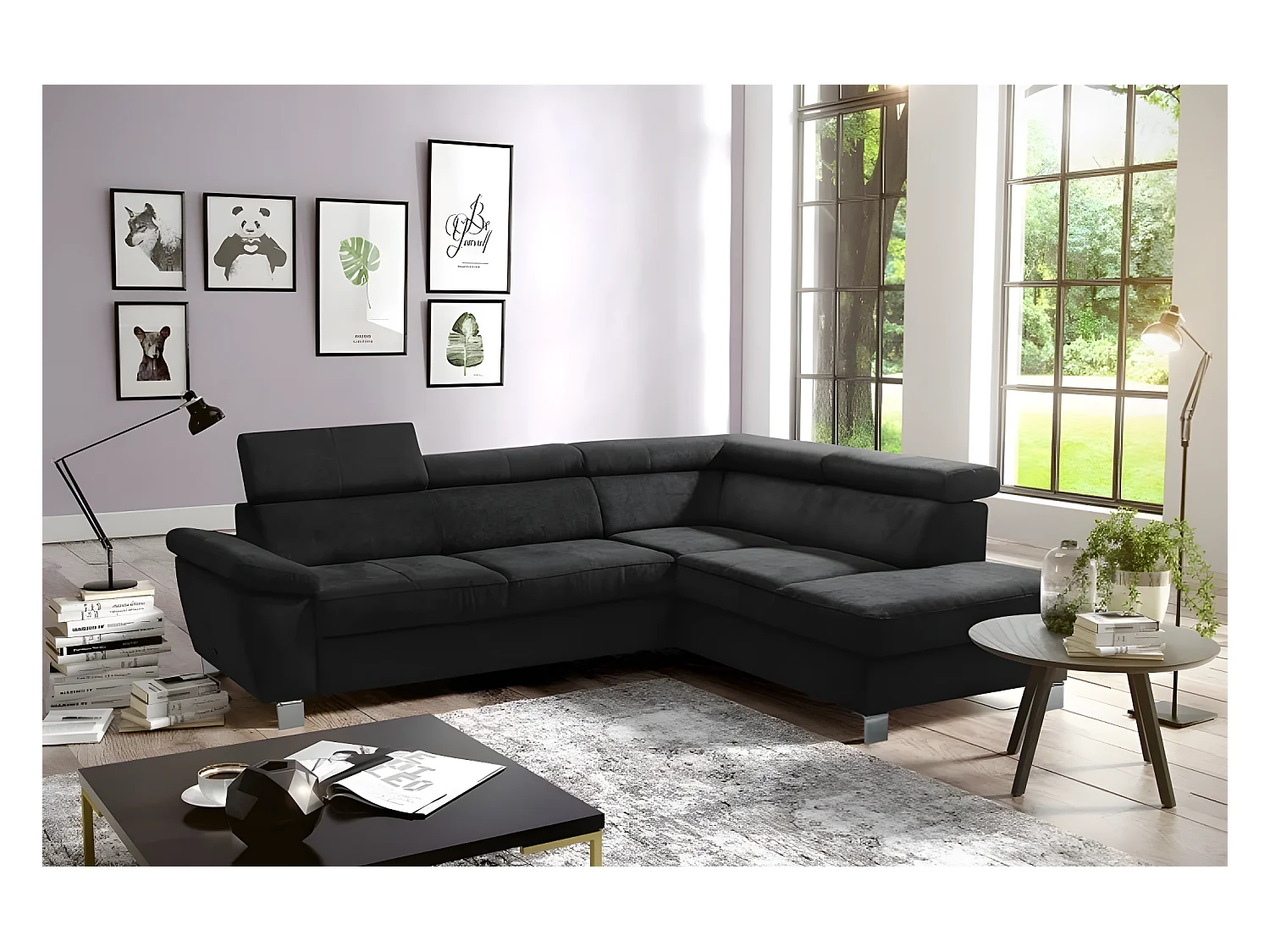 Canapé d'angle en tissu velours luxe 5 places LUGO noir, angle droit