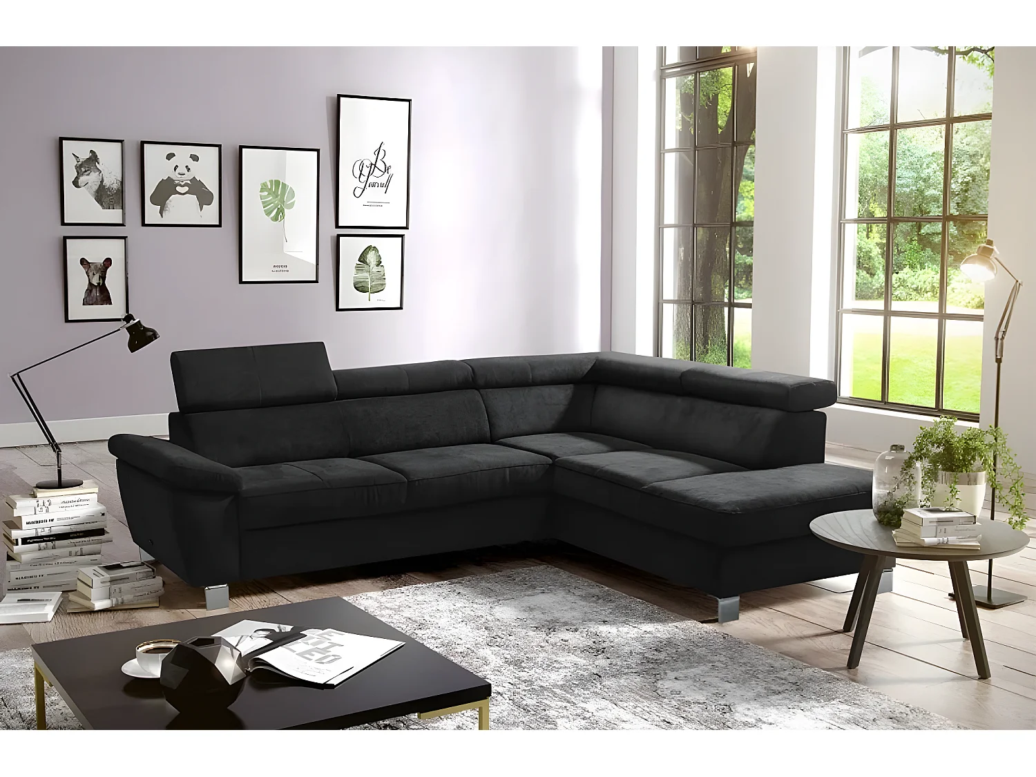 Canapé d'angle en tissu velours luxe 5 places LUGO noir, angle droit