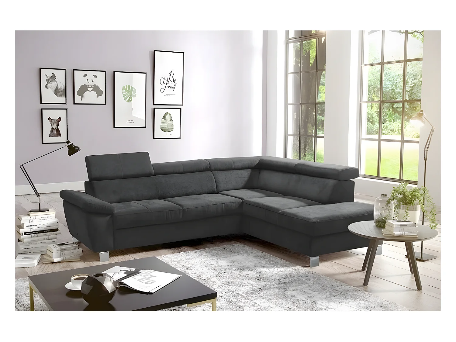 Canapé d'angle en tissu velours luxe 5 places LUGO gris foncé, angle droit