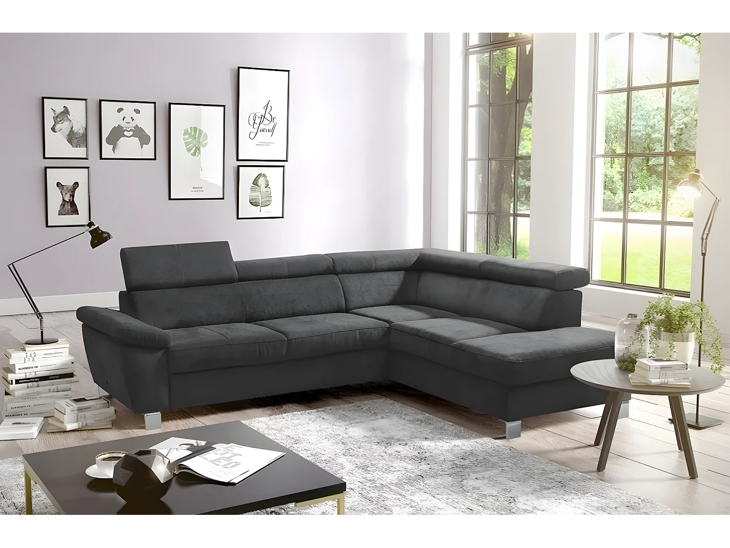 Luxe 5-zits fluwelen hoekbank LUGO donkergrijs, rechte hoek