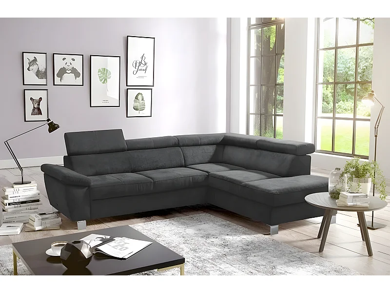 Canapé d'angle en tissu velours luxe 5 places LUGO gris foncé, angle droit