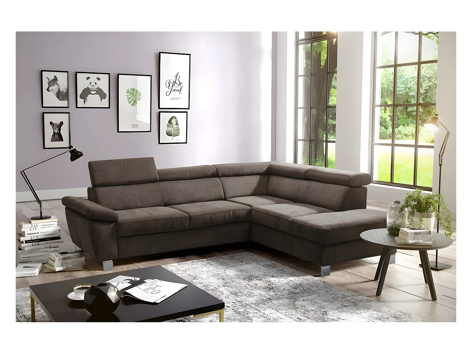 Canapé d'angle en tissu velours luxe 5 places LUGO chocolat, angle droit