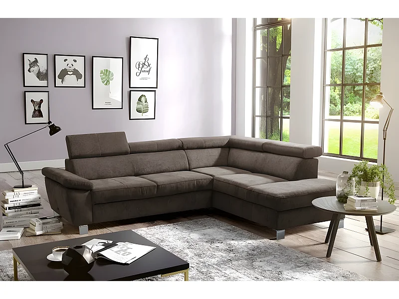 Canapé d'angle en tissu velours luxe 5 places LUGO chocolat, angle droit