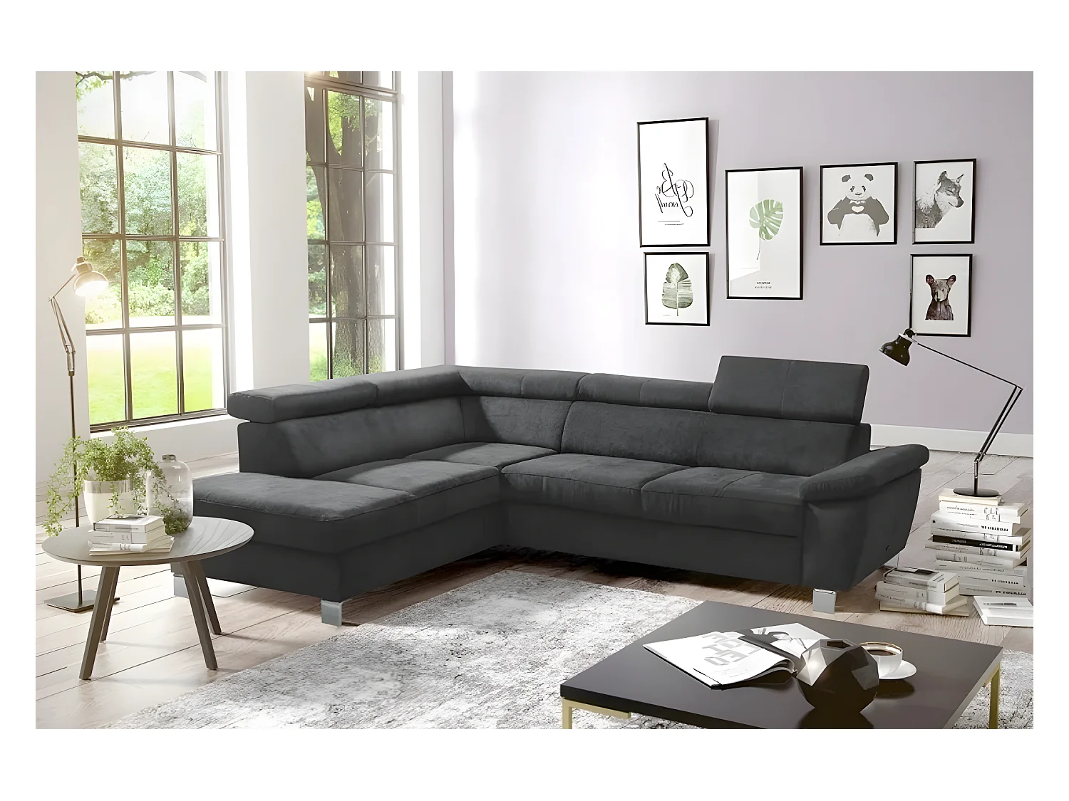 Canapé d'angle en tissu velours luxe 5 places LUGO gris foncé, angle gauche