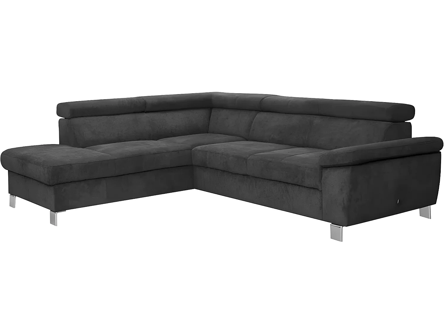 Hoekbank van luxe fluwelen stof met 5 zitplaatsen LUGO donkergrijs, linkerhoek met massief houten frame en vering