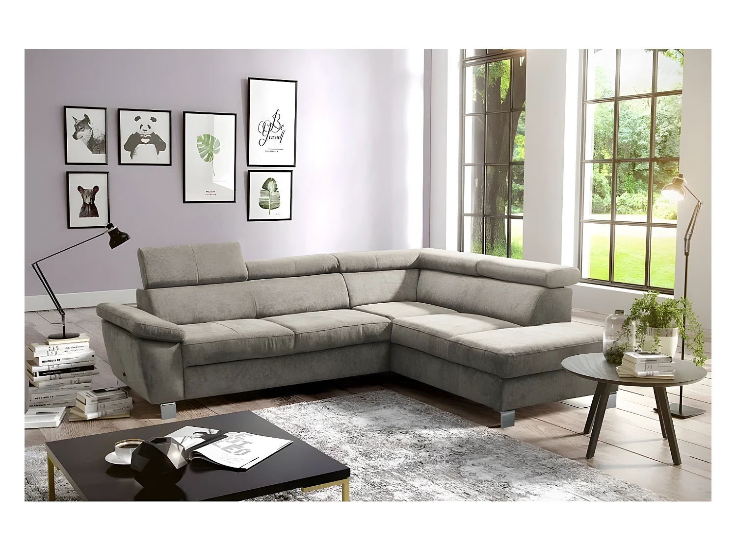 Canapé d'angle en tissu velours luxe 5 places LUGO beige, angle droit