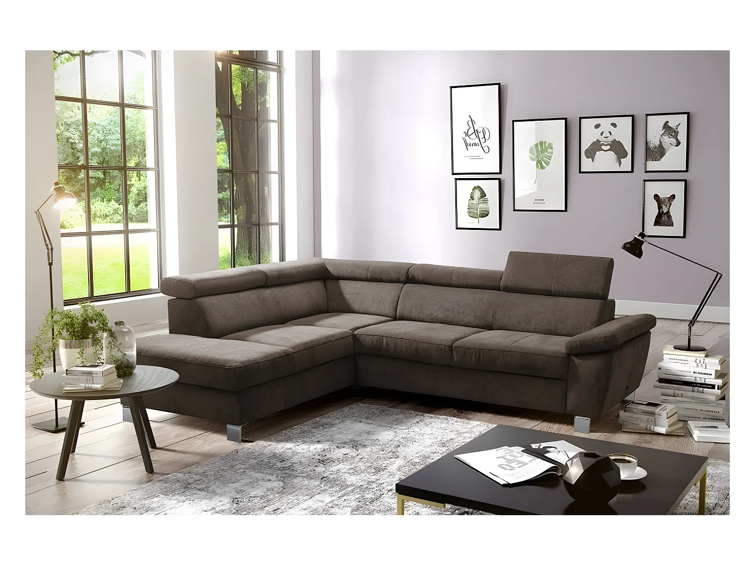 Canapé d'angle en tissu velours luxe 5 places LUGO chocolat, angle gauche