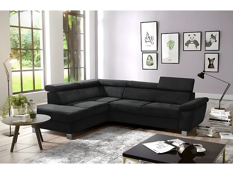 Canapé d'angle en tissu velours luxe 5 places LUGO noir, angle gauche