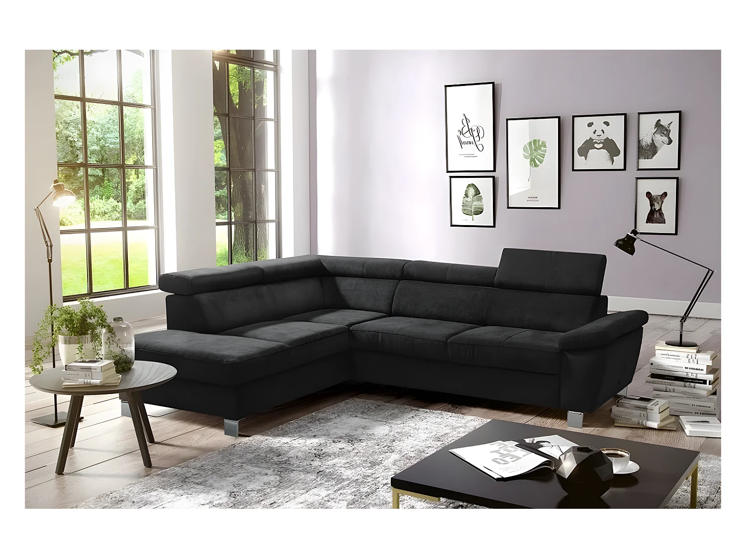 Canapé d'angle en tissu velours luxe 5 places LUGO noir, angle gauche