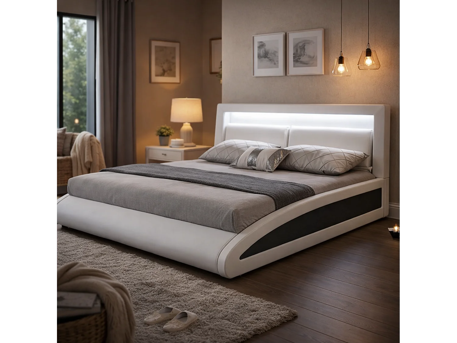 Cama de polipiel blanca con LED integrados 160x200  BRIXTON