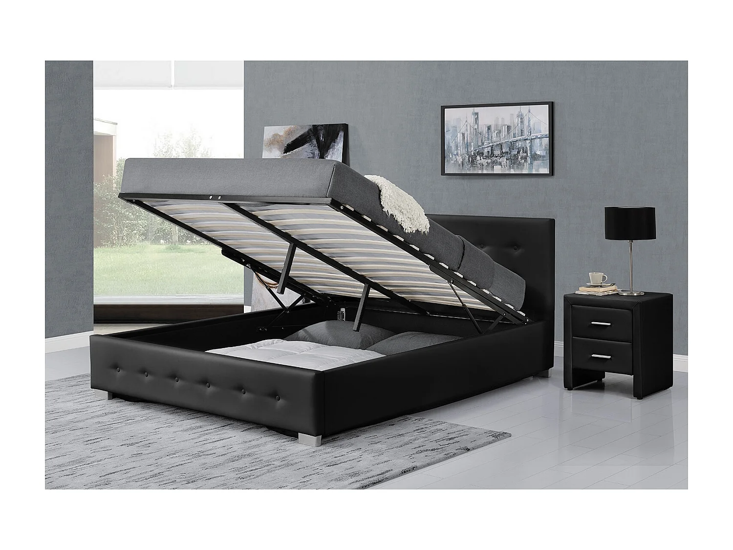 Stucture de lit avec coffre de rangement 140 x 190 cm noir NEWINGTON