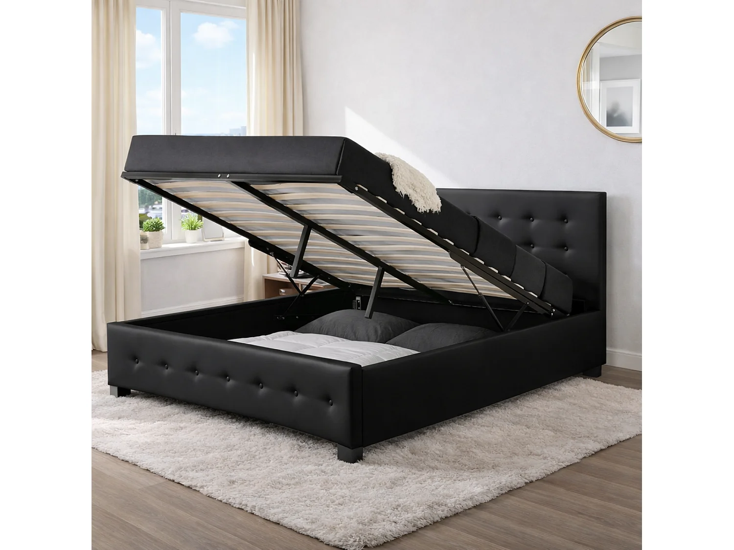 Stucture de lit avec coffre de rangement 140 x 190 cm noir NEWINGTON