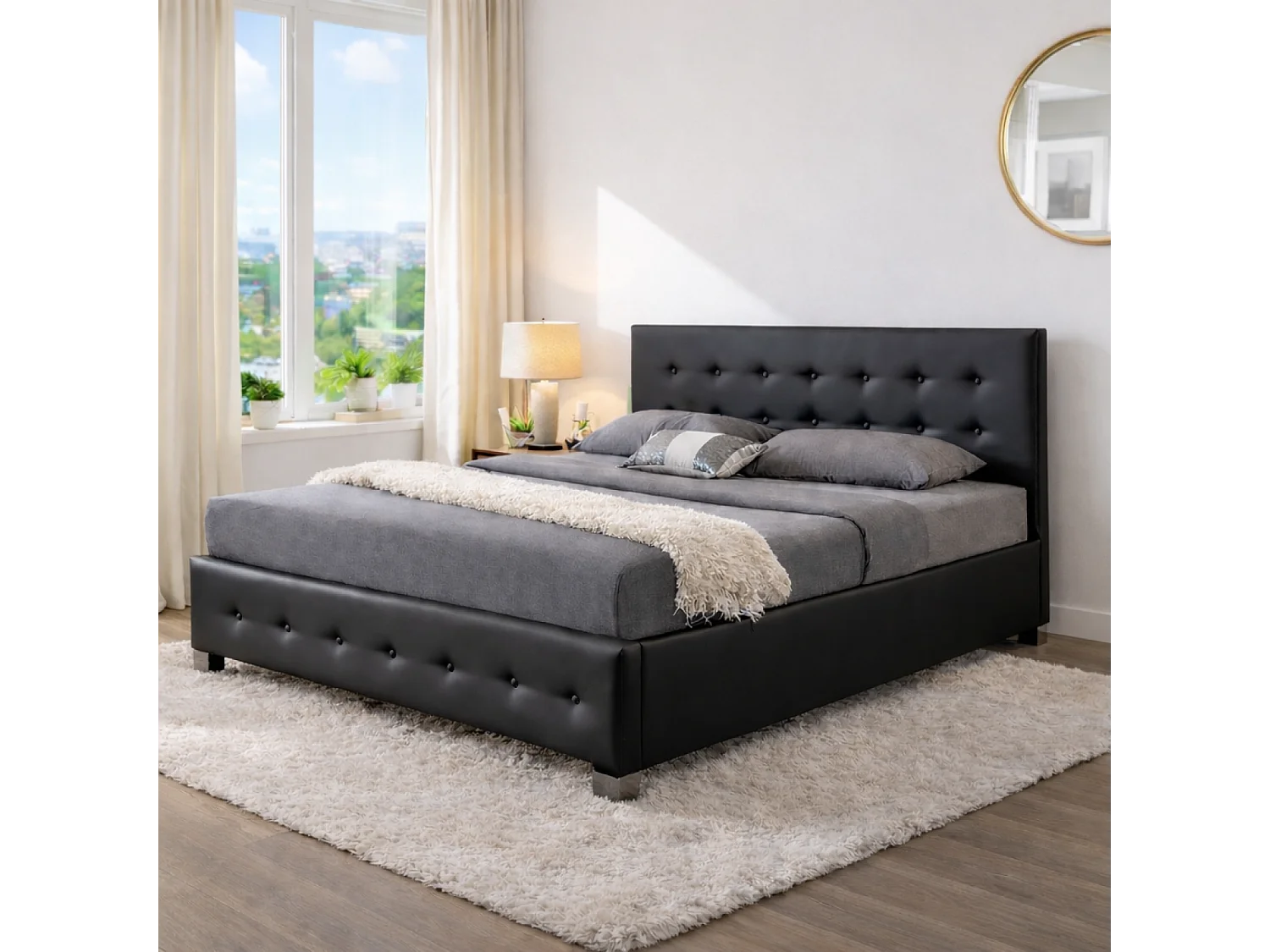 Cama acolchada negra con caja de almacenaje 140X190 NEWINGTON