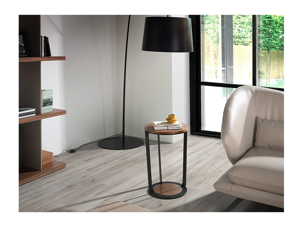 Table d'angle ronde en noyer et acier noir 2116 ANGEL CERDA