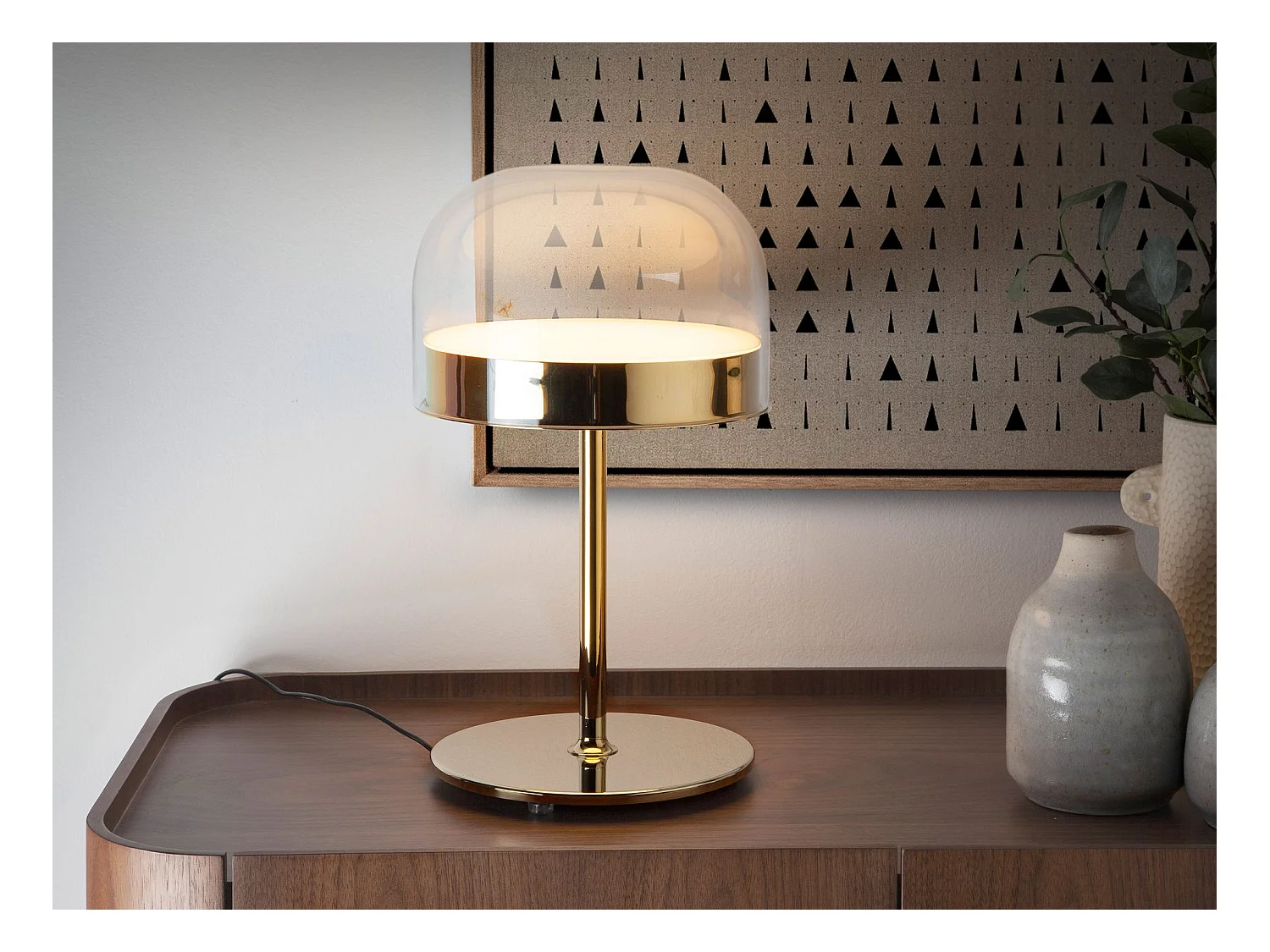 Lampada da tavolo in acciaio e vetro trasparente